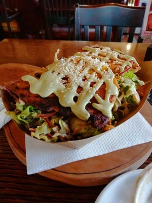 Chickpea fritter and salad at Public Bar & Vegan Kitchen in Bled