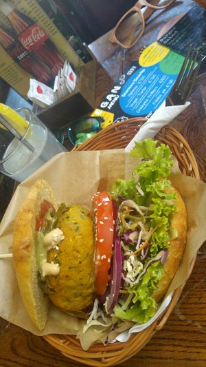Corn ban and perfect burger at Public Bar & Vegan Kitchen in Bled