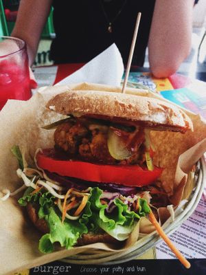 Summer burger with spelt bun  at Public Bar & Vegan Kitchen in Bled