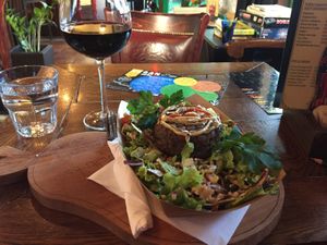 Burger salad (one with mushroom in it) at Public Bar & Vegan Kitchen in Bled