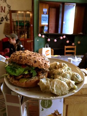 Kidney bean burger and garlic potatoes once served at the Barricade's Vegan Café. at The Barricade Inn Cafe in Dublin