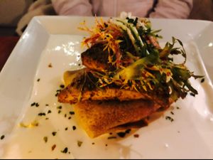 pistachio crusted tofu with root vegetable crepe  at Blossom Restaurant Chelsea in New York City