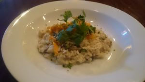 Risotto of shiitake, cremini, king trumpet mushrooms, arborio rice and miso-mustard cashew cream at Blossom Restaurant Chelsea in New York City