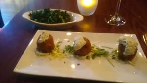 Cape Cod Cakes of hiziki seaweed, tofu, and tartar sauce at Blossom Restaurant Chelsea in New York City