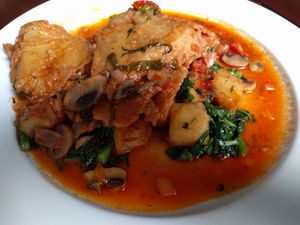 Seitan Picatta - with white wine-lemon-caper sauce, truffle mashed potatoes, sauteed kale,  at Blossom Restaurant Chelsea in New York City
