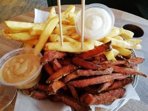 Double Trouble - regular chips + sweet potato chips, vegan mayo and satay sauce at Reykjavik Chips in Reykjavik