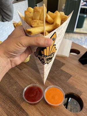 Medium chips with two sauces.  at Reykjavik Chips in Reykjavik