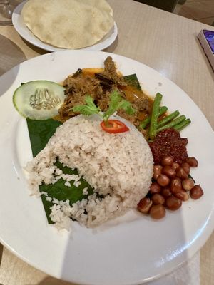 Really enjoy this nasi lemak with mutton curry. I like that the mutton curry is mushroom instead of soy meat.   at Nature's Recipe Cafe in Petaling Jaya