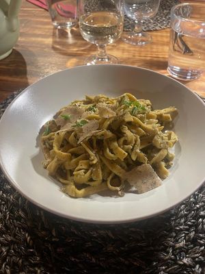 Pasta with nut pesto and vegan cheese at Torre Morgana in Umbertide