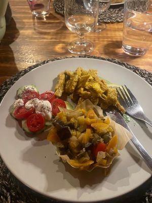 Soy meat, grilled veggies and cucumber and tomato salad at Torre Morgana in Umbertide