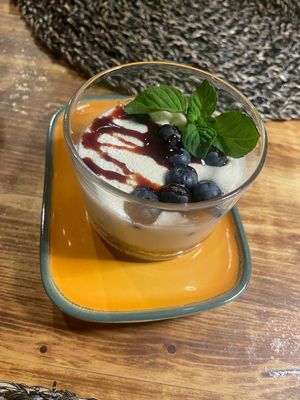 Soy pudding with blueberries at Torre Morgana in Umbertide