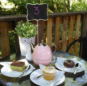 Out on the verandah - vegan donuts and slice at Holistic Mamma in Dayboro