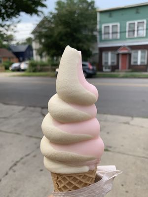 friendly staff and cool outdoor space too. Always at least 3 vegan options, which are often really good and unusual flavors that change daily. Pink lemonade/vanilla soft serve. at Mason's Creamery in Cleveland