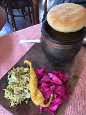 bean pot with pickled and cornbread at Palaty in Kutaisi
