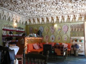 Interior with fantastic ceiling (and air-conditioning) at Kafe Leila in Tbilisi