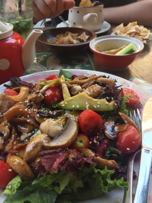 Mushroom salad and soup and hummus in the background  at Kafe Leila in Tbilisi