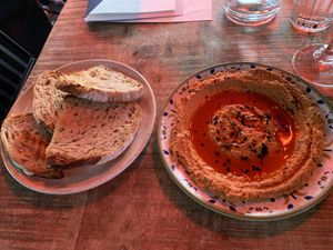 Muhammara spread with bread  at The Green Queen in Stockholm