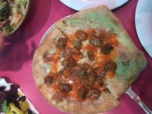 Buffalo chicken pizza with tempeh and vegan cheese. Yum.  at Mellow Mushroom in Richmond