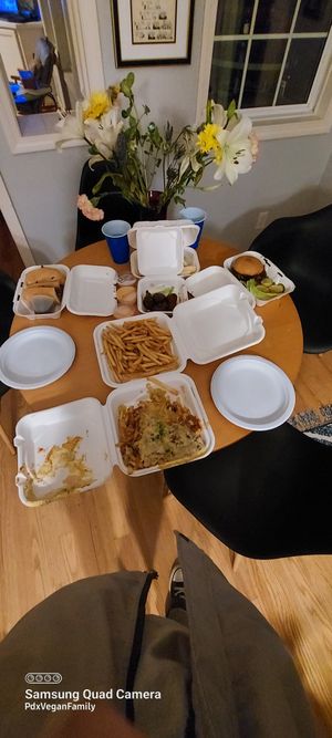 House sitting in non vegan house so take out is best at Black Water Bar in Portland