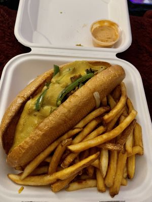 Vegan Philly & fries 😋  at Black Water Bar in Portland