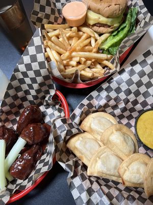 pierogis, wings, and burger   at Black Water Bar in Portland