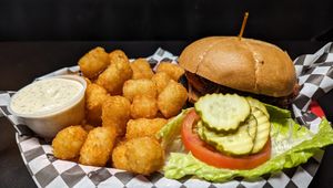 Western Burger with tots at Black Water Bar in Portland