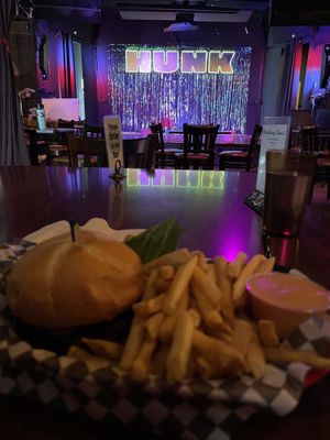 Bakon bleu burger  at Black Water Bar in Portland