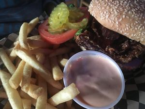 Western Burger w/ Fries at Black Water Bar in Portland