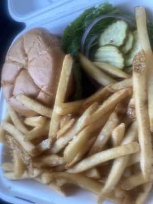 Cheeseburger with friess  at Black Water Bar in Portland