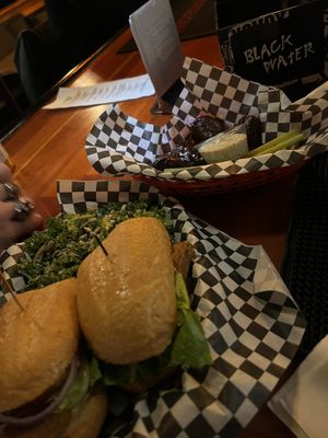 Chicken tofu sandwich and bbq wings   at Black Water Bar in Portland