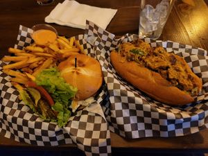 Philly Cheeze Steak and Bakon Bleu burger! at Black Water Bar in Portland