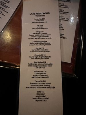 Late night food menu   at Black Water Bar in Portland