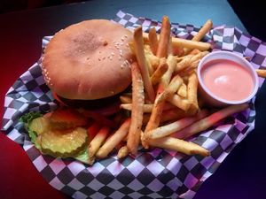 Burger and fries at Black Water Bar in Portland