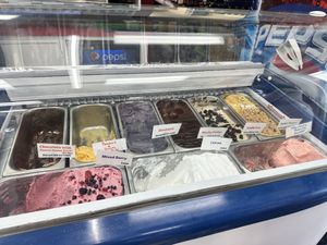 Huge selection of hard serve almond milk ice cream   at CJ's Big Dipper in Bar Harbor