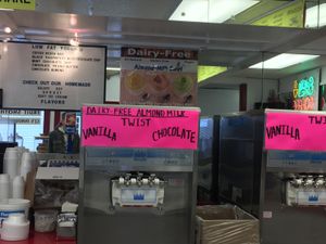 Chocolate and vanilla vegan soft serve  at CJ's Big Dipper in Bar Harbor