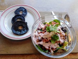 Mimosa bowl, vegan version, with a side of mushrooms at Cafe Mimosa in Takapuna