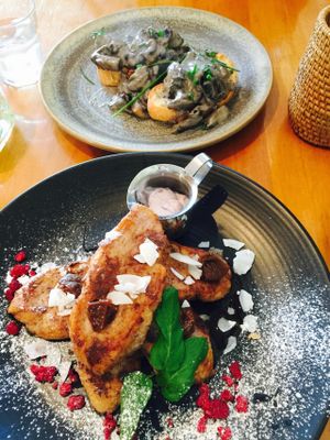 Coconut french toast and mushrooms at Cafe Mimosa in Takapuna