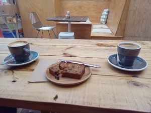 Back deck, coffees, and banana bread (sadly they don't have vegan spread, which we couldn't really understand!) at Cafe Mimosa in Takapuna