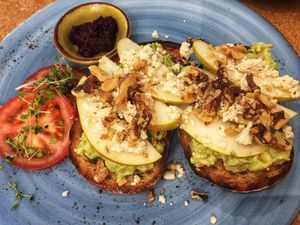 smashed avo with pear and vegan feta at Cafe Mimosa in Takapuna