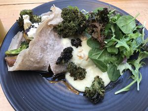 Vegan crepes, with vegan feta, mushroom, kale, pine nuts  at Cafe Mimosa in Takapuna