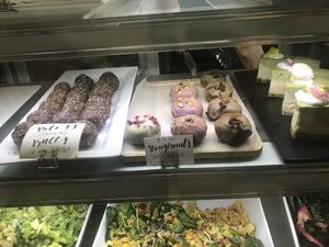 Raw vegan donuts and other options from cabinet at Cafe Mimosa in Takapuna