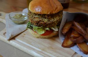Quinoa burger with homemade leak-honey mustard....mmmmm at Mostassa in Barcelona