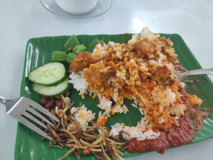 Nasi Lemak after I'd mixed it up at Blue Boy Vegetarian Food Centre in Kuala Lumpur