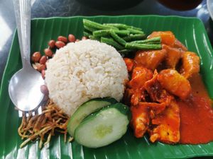 Nasi Lemak with mock meat/tofu, medium spicy at Blue Boy Vegetarian Food Centre in Kuala Lumpur