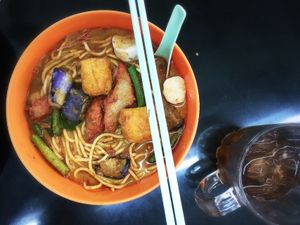 Super delicious curry laksa at Blue Boy Vegetarian Food Centre in Kuala Lumpur