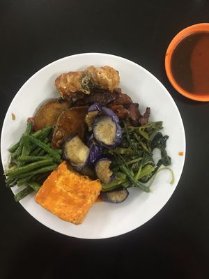 What I chose from the canteen! With a water bottle came out to 12MYR at Blue Boy Vegetarian Food Centre in Kuala Lumpur