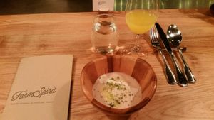 parsnip soup, coriander yogurt, and apple with a golden beet/ginger/apple juice at Farm Spirit - Pop Up in Portland