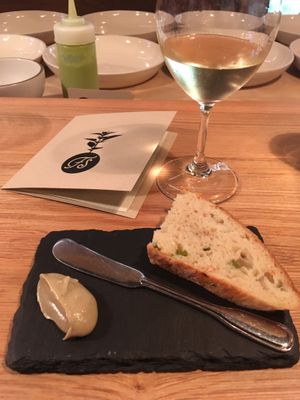 Bread with cactus baked in + eggplant spread at Farm Spirit - Pop Up in Portland