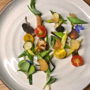 Forest Mushrooms, Beans, Tomatoes, Ribbon Kelp, New Potato Chips at Farm Spirit - Pop Up in Portland