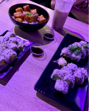 Tofu sesame bowl, tooti fruity roll, veggie delite roll & boba tea w/ soy milk at Domo Cafe in Fort Walton Beach
